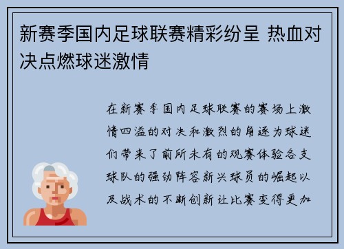 新赛季国内足球联赛精彩纷呈 热血对决点燃球迷激情