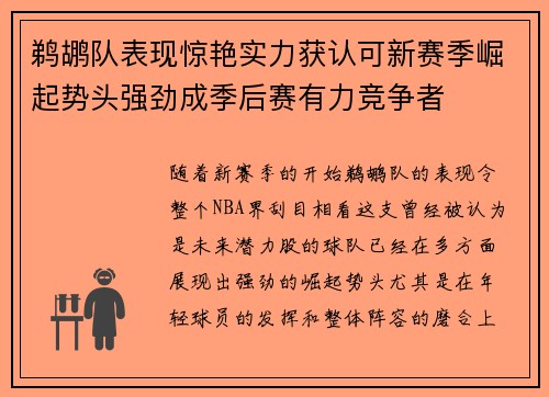 鹈鹕队表现惊艳实力获认可新赛季崛起势头强劲成季后赛有力竞争者