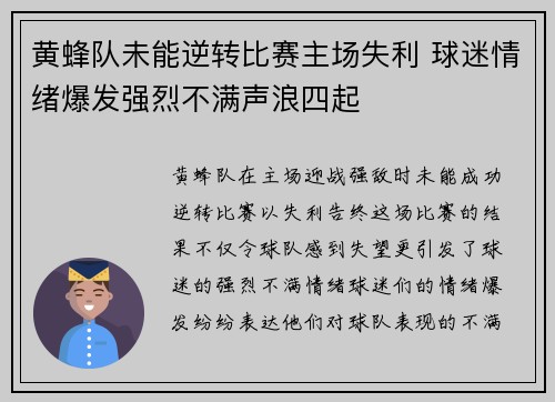 黄蜂队未能逆转比赛主场失利 球迷情绪爆发强烈不满声浪四起