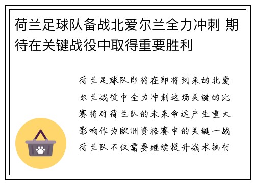 荷兰足球队备战北爱尔兰全力冲刺 期待在关键战役中取得重要胜利