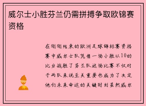 威尔士小胜芬兰仍需拼搏争取欧锦赛资格