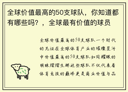 全球价值最高的50支球队，你知道都有哪些吗？，全球最有价值的球员