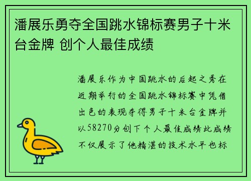 潘展乐勇夺全国跳水锦标赛男子十米台金牌 创个人最佳成绩